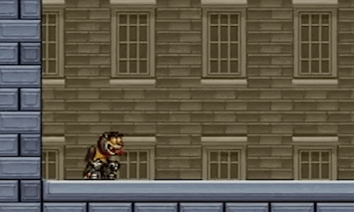 a video game scene with a speech bubble and a brick wall