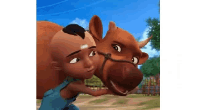 a cartoon boy is hugging a cow .