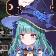 a girl with blue hair and purple eyes is wearing a witch hat with blue roses .