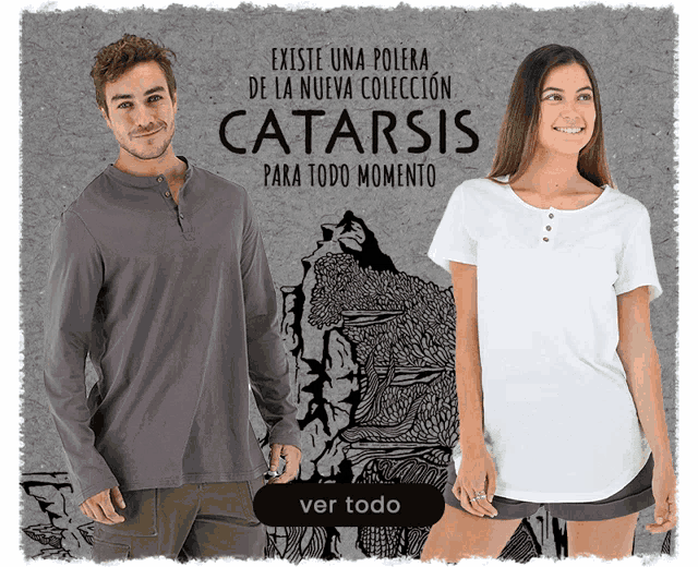 a man and a woman standing in front of a catarsis ad