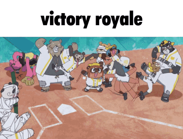 a group of cartoon characters celebrate a victory royale