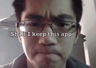 a man wearing glasses is making a funny face with the words shall i keep this app above him .