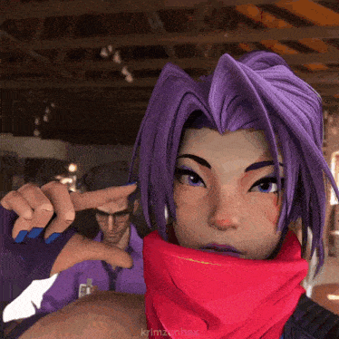 a woman with purple hair is wearing a red scarf around her neck and a man in a purple shirt is behind her