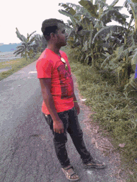a man in a red shirt is standing on a road