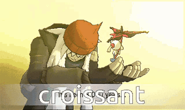 a pixel art of a man holding a croissant in his hand