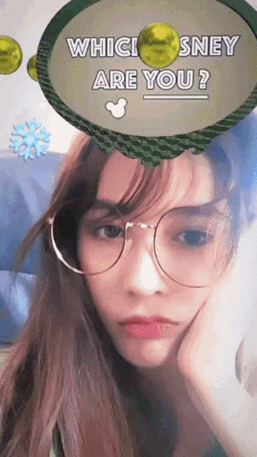 a woman wearing glasses and a speech bubble that says " which disney are you "