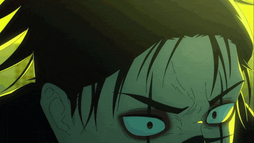 a close up of a cartoon character 's face with a green background