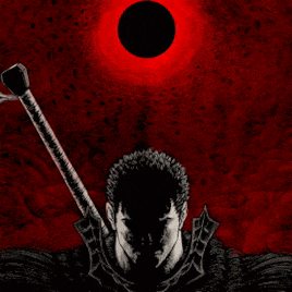 a black and white drawing of a man with a sword and a red background