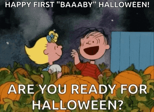 a cartoon of a boy and a girl standing in a field of pumpkins with the words `` are you ready for halloween ? ''