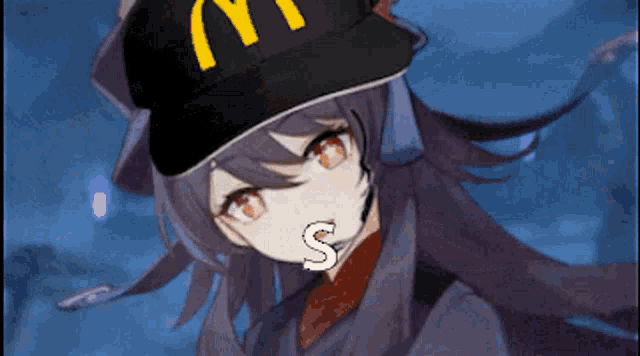 a girl wearing a mcdonald 's hat with the letter s on her mouth