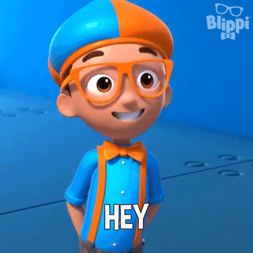 a cartoon character from blippi is waving his hand and saying hey