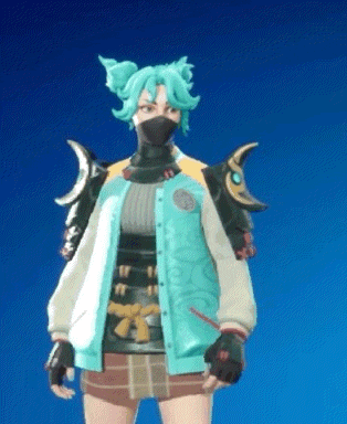 a girl with blue hair is wearing a blue jacket and a samurai outfit .