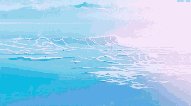 a painting of a blue and pink ocean with the words hatsui-chan below it