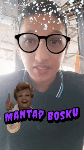 a woman wearing glasses and a sticker that says ' mantap bosku '