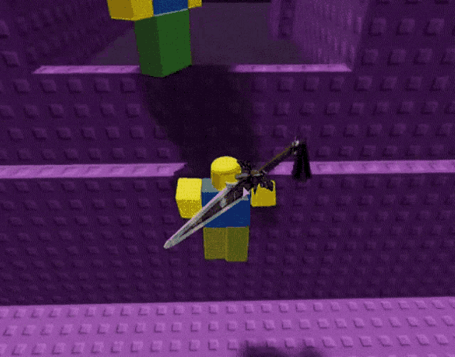 a roblox character is holding a sword in a dark room