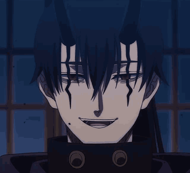 a close up of a person 's face with red eyes and black hair