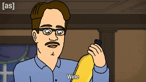 a cartoon of a man holding a banana that says wine on it