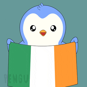 a penguin holding a green white and orange flag with the word pengu on the bottom