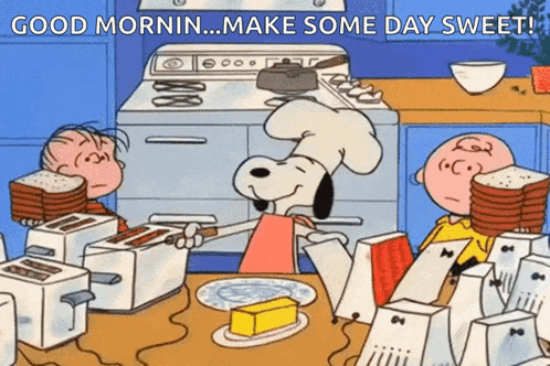 a cartoon of snoopy and charlie brown preparing breakfast in a kitchen