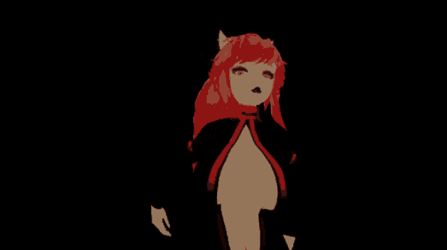 a cartoon girl with red hair and horns is pointing at the camera