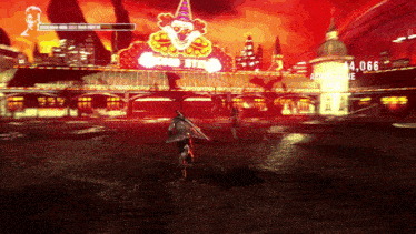 a video game screen shows a clown in front of a building that says ' good strike ' on it