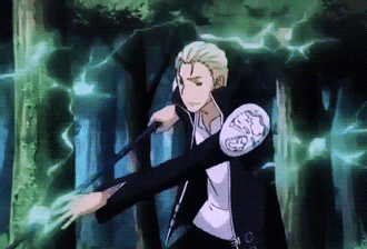 a man in a black jacket is holding a sword in his hand