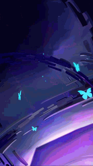 a purple background with a few butterflies flying around