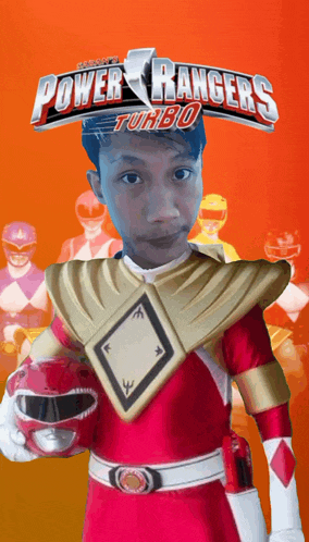 a boy in a power rangers turbo costume holds a red helmet
