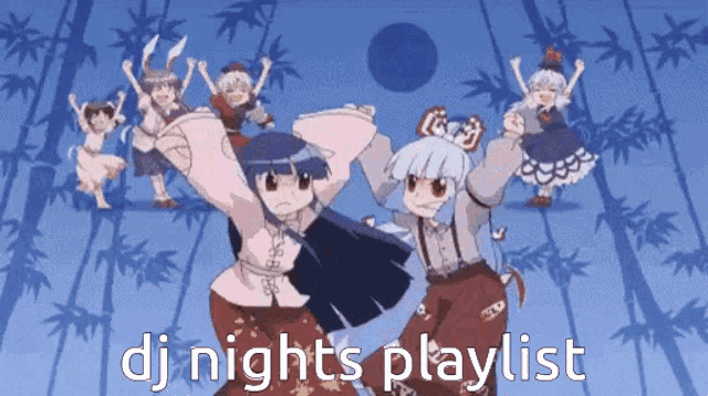 a group of anime girls are dancing with the words dj night 's playlist above them .
