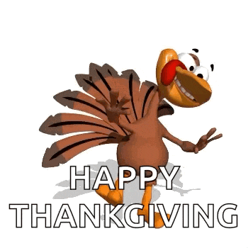 a cartoon turkey is standing in front of a white background and says `` happy thanksgiving '' .