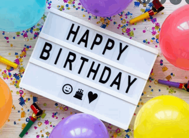 a happy birthday sign surrounded by colorful balloons and confetti