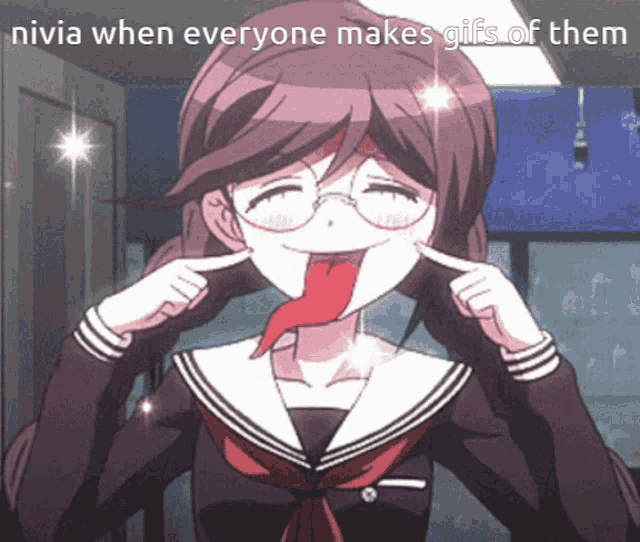 a girl making a funny face with her tongue sticking out and the words nivia when everyone makes gifs of them