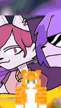a cartoon drawing of a girl and a cat with a pixelated cat in the foreground