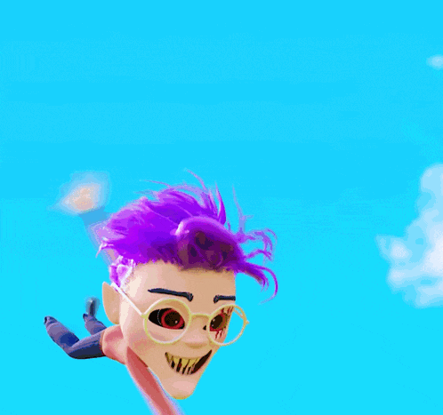 a cartoon character with purple hair and glasses flies through the air