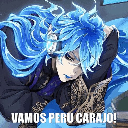 a blue haired anime character is laying on a bed with the words vamos peru carajo below him