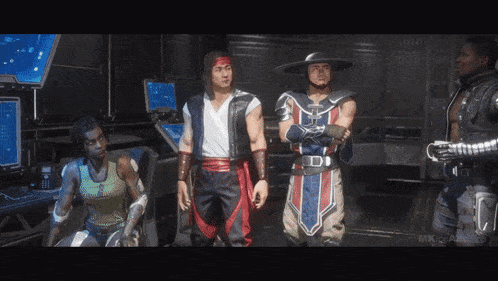 a group of video game characters are standing in a room with the word mk on the bottom