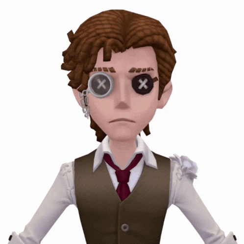 a cartoon character wearing a vest and tie has buttons on his eyes