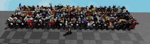 a large group of people are standing in a row and one of them is wearing a white shirt