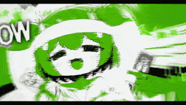 a green and white drawing of a girl with the word wow in the corner