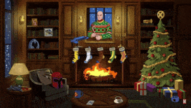 a man in an ugly sweater is standing in front of a fireplace with christmas stockings hanging from it