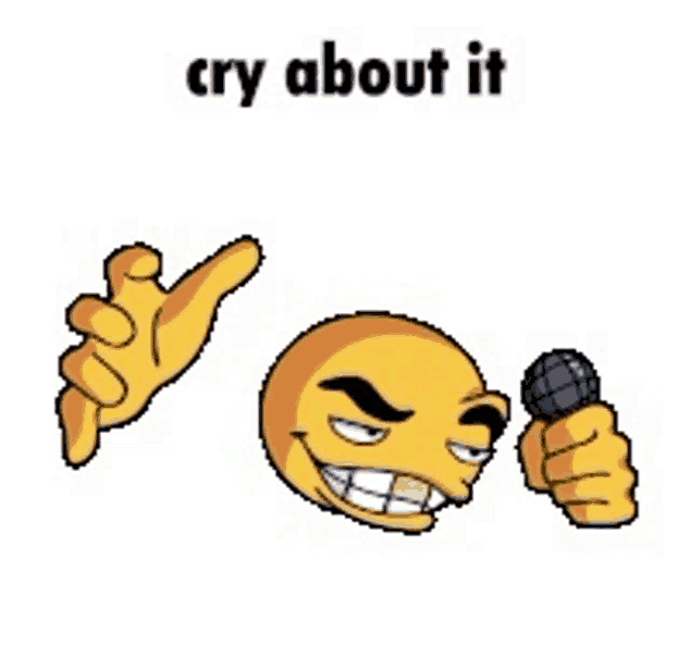 a pixel art of a smiley face holding a microphone with the words `` cry about it '' .