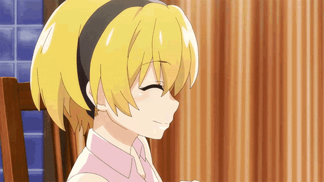 a cartoon girl with yellow hair is smiling and wearing a pink shirt