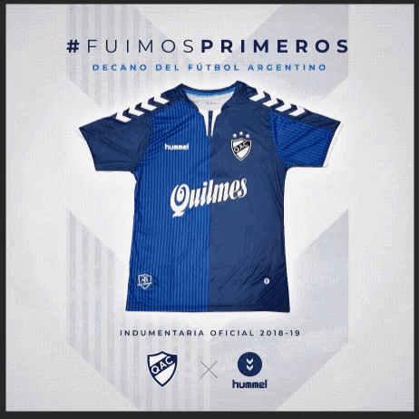 a blue and white jersey with quilmes on the front