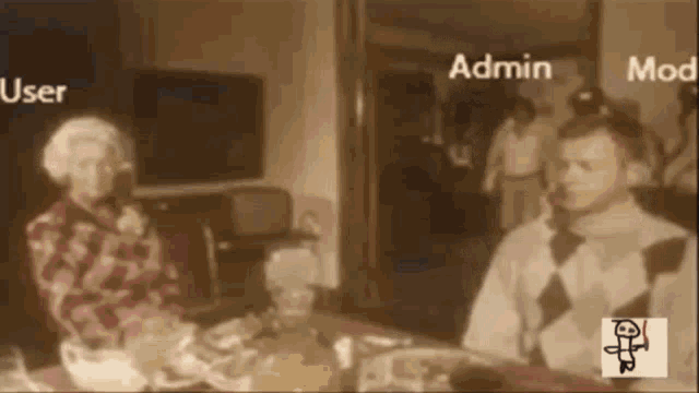 a man and a woman are sitting at a table with the words user and admin visible
