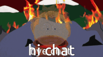 a cartoon character is standing in front of a fire with the word hirechat written below him