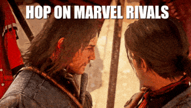 two men are looking at each other with the words hop on marvel rivals above them