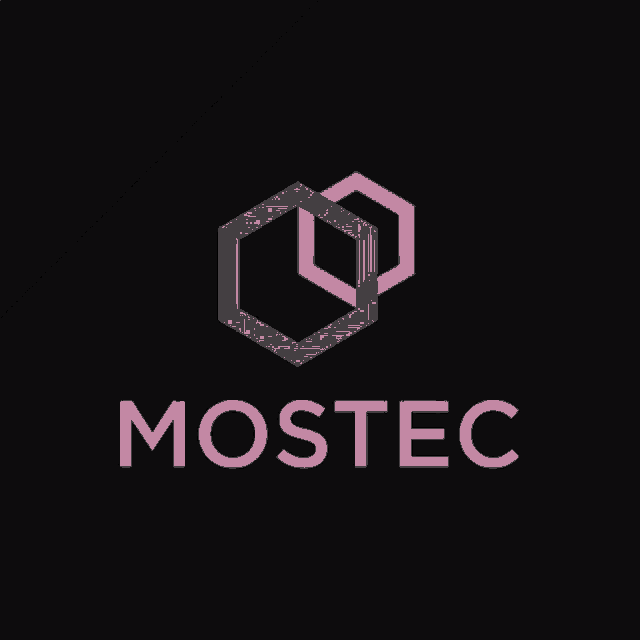a black and white logo for mostec with a pink heart in the middle