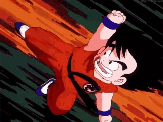 a cartoon character from dragon ball z is flying through the air with his fist in the air .