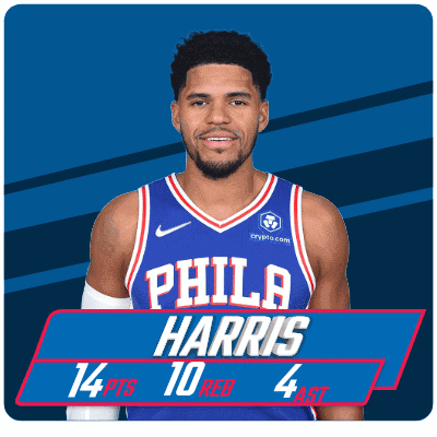 a philadelphia harris basketball player with a blue background