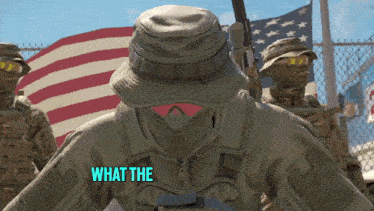 a group of soldiers are standing in front of an american flag and one of them has the word what the on his chest